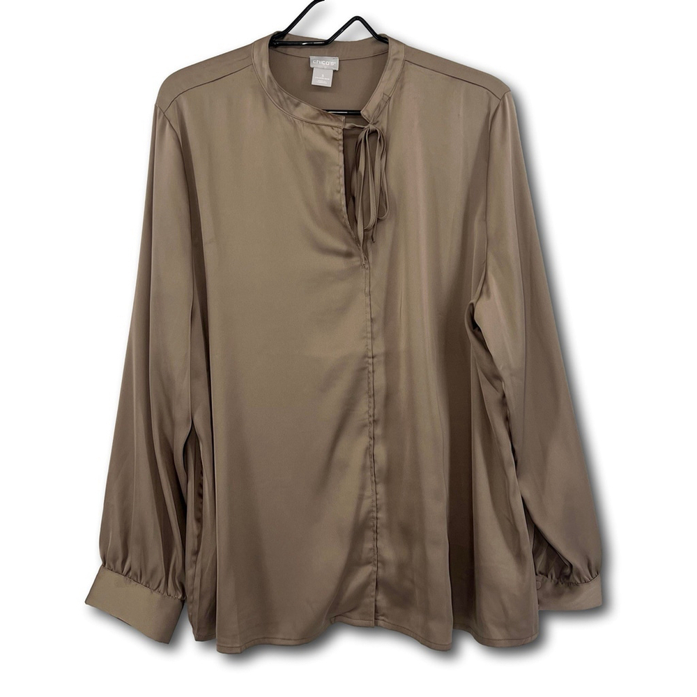 Chico’s Tie-Neck Satin Popover Blouse Mountain Stone Cuffed Sleeves 3 NWOT